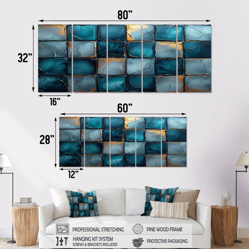 Ensemble de salon art mural émeraude et bleu Highland Tartan Tiles I - Boho Tiles, H 32 po x l 80 po