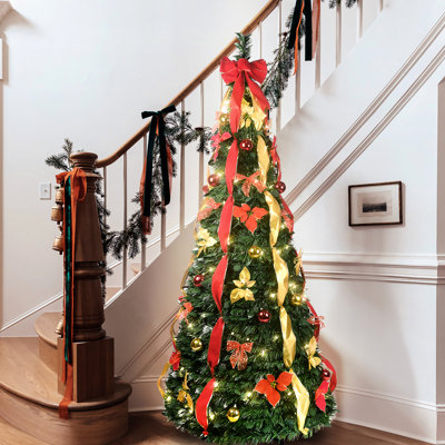 Arbre de Noël de 6 pi avec design escamotable, 150 lumières et ornements blanc chaud, parfait pour les petits appartements