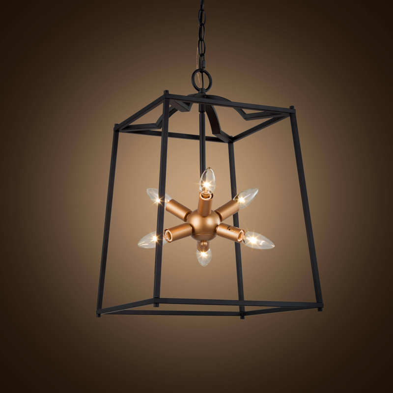 6-Light Black & Gold Farmhouse Lantern Pendant Lighting for Dining Room, Kitchen Island