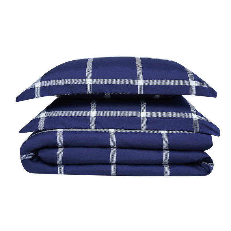 Navy and White Windowpane Microfiber Duvet Cover Set