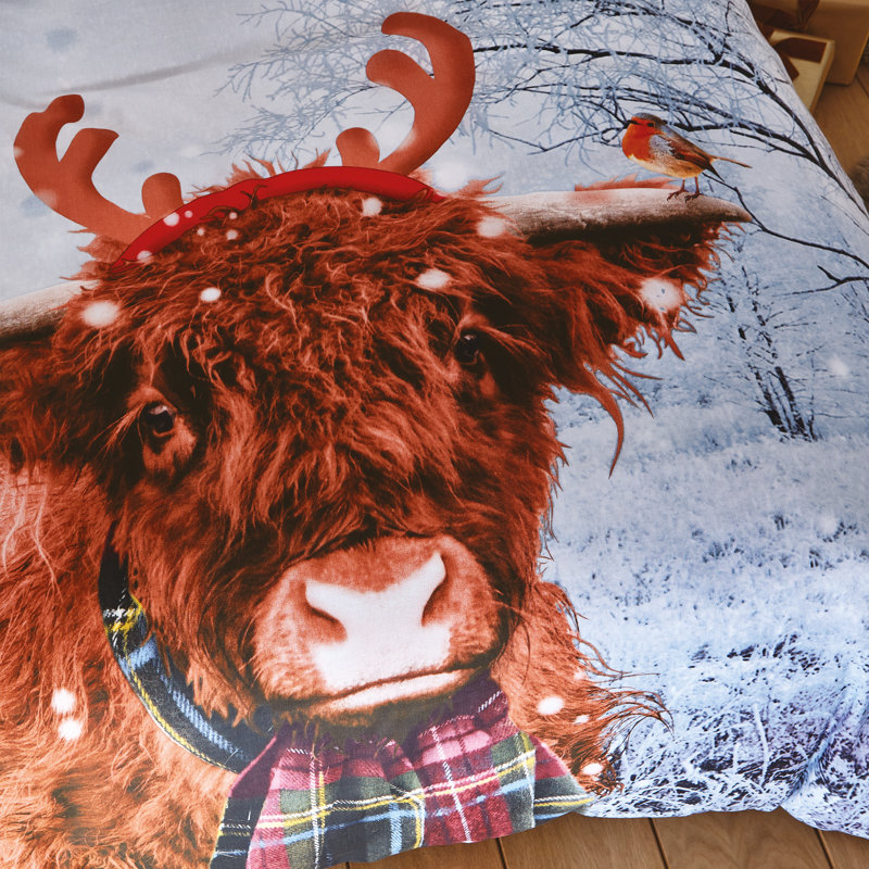 Merry Christmoo Highland Cow Christmas Duvet Cover Set, Double Duvet Cover + 2 Standard Pillowcases