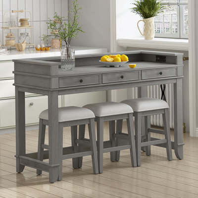 4-Piece Dining Table Set For 3, Retro Kitchen Table And Chairs Set With 3 Storage Drawers, Ideal For Small Spaces (Natural)
