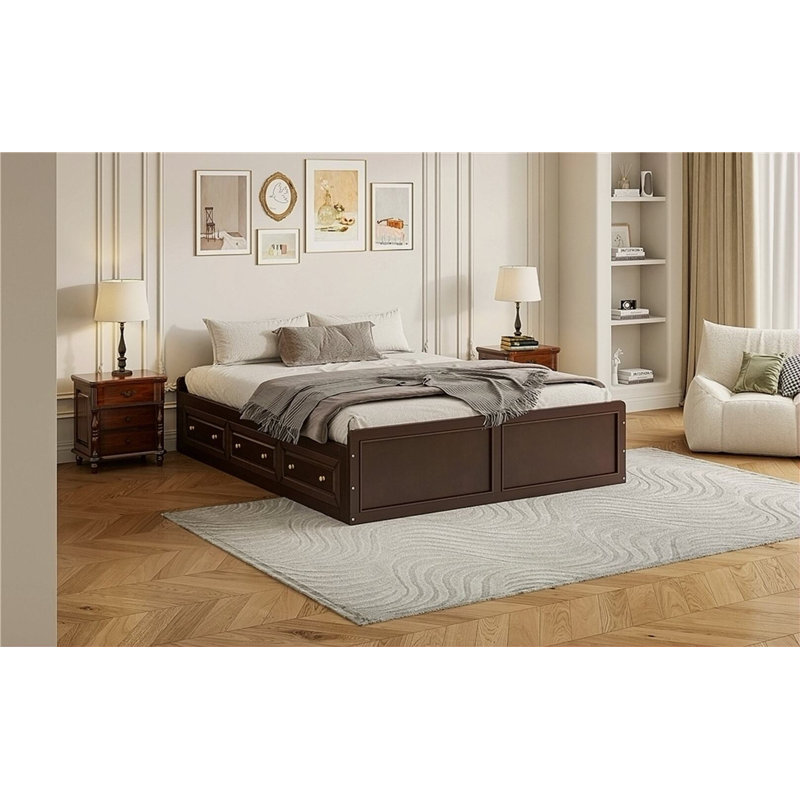 Structure de lit plateforme en bois avec 6 tiroirs Roark, Espresso