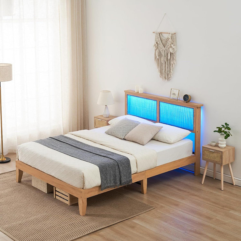 Bed Frame With Natural Rattan Storage Headboard Platform Bed Frame With LED Lights Wooden Support Legs Noise-Free No Box Spring Needed Easy Assembly Oak Color