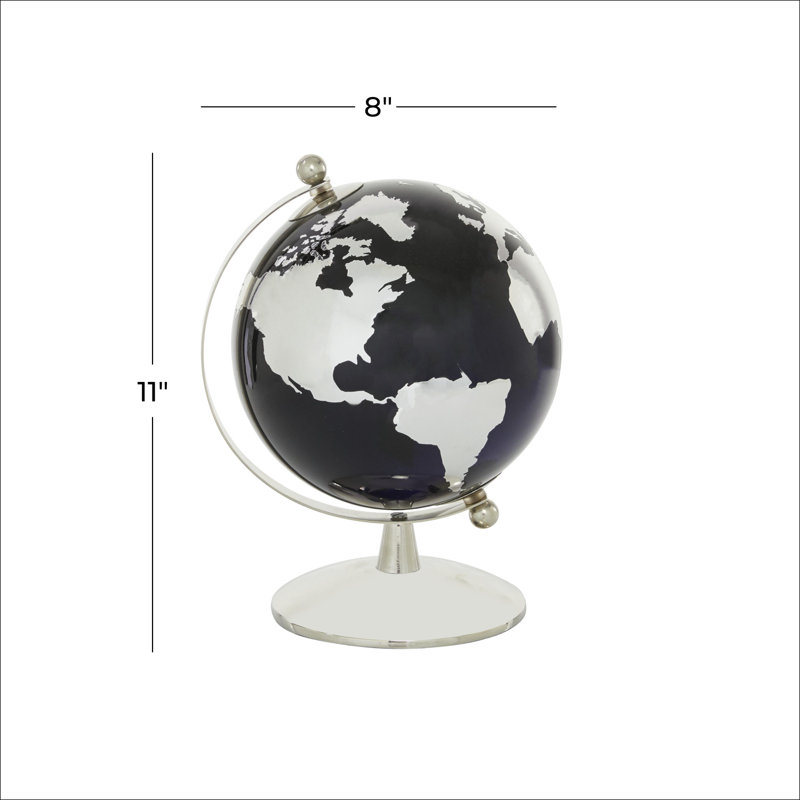 Globe terrestre noir en métal et métal argenté, H 11 po x l 7,85 po x P 7,85 po