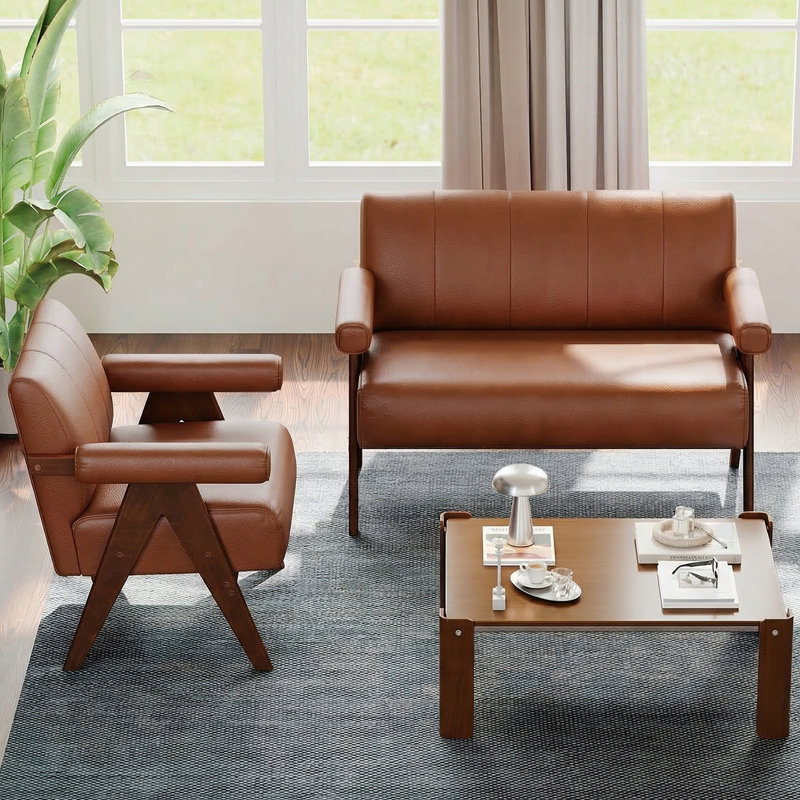 Ensemble de salon en similicuir brun (2 pièces), Brun, 2 Pcs: Chair, Loveseat