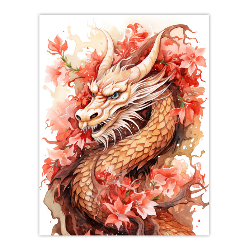 Wall Art Print Fantasy Dragon Serpent Horned Floral 2024 China Year Of The Dragon Poster