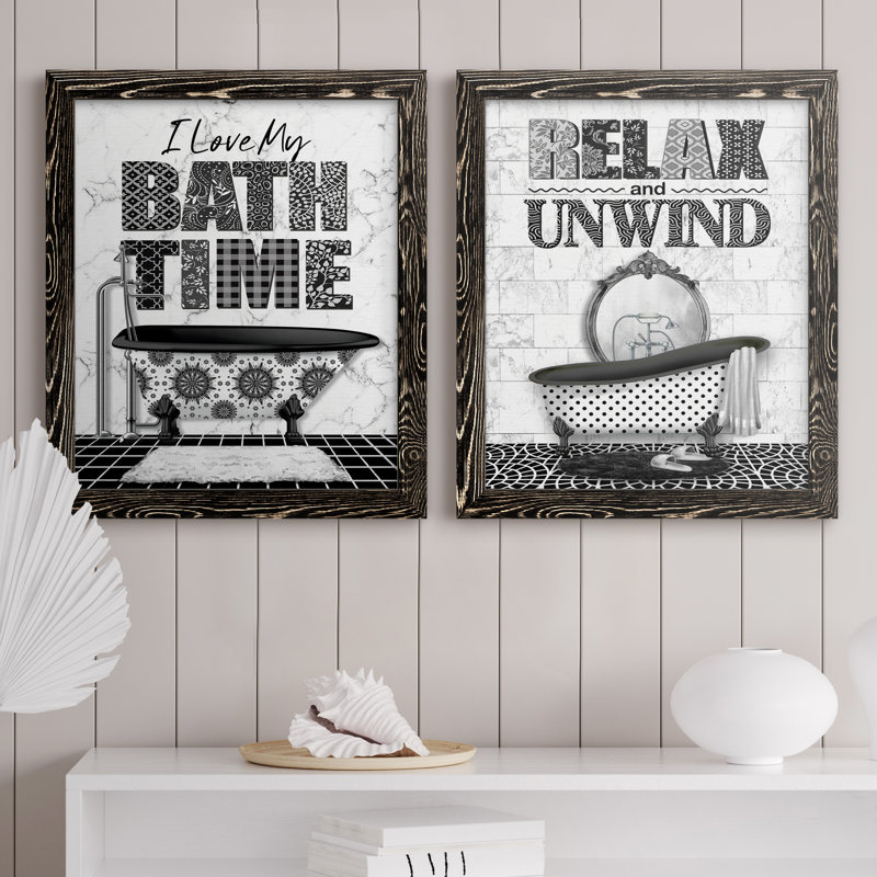 «Bath Time», ensemble de 2 encadrements d'art textuel sur toile, Toile encadrée noire, H 24 po x l 36 po x P 1,5 po