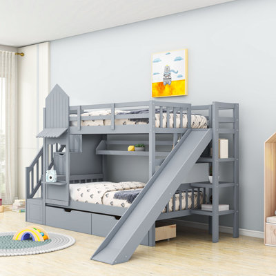 2 Drawers Bunk Bed with Storage Stairs, Slide and Shelves