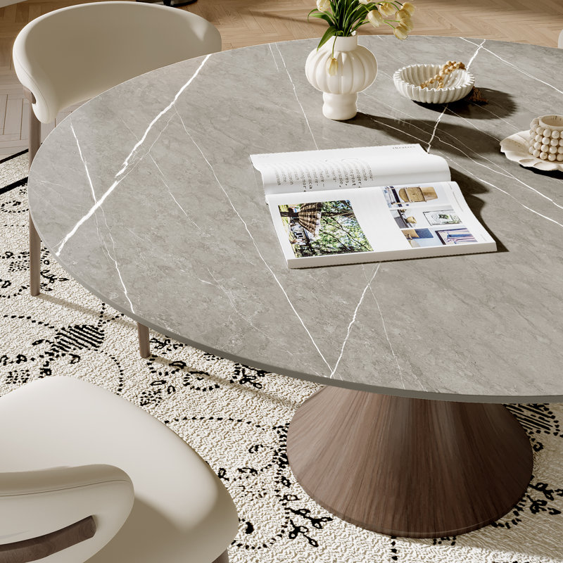 Stone Round Powley With 4/6 Premium Solid Wood Leather Upholstered Dining Chairs For Kitchen/Dining Room, Gray