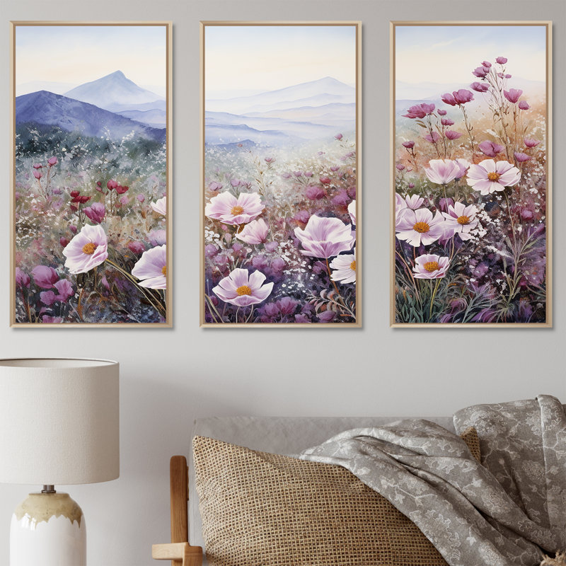 «Pink Roses Field In Mountain I», ensemble d'art mural sur toile Roses, H 28 po x l 36 po x P 1 po, Cadre naturel flottant
