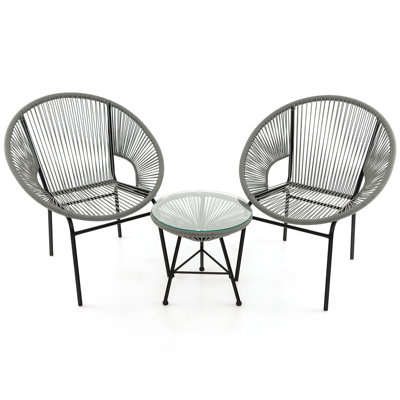 3 Pieces Acapulco Chair Set Wicker Conversation Bistro Set w/ Tempered Glass Table by Corrigan Studio
