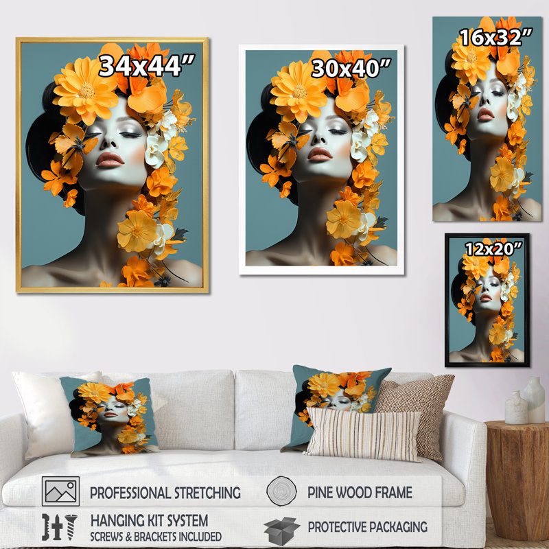 Femme orange sur toile, impression sur toile, H 32 po x l 16 po, Toile tendue
