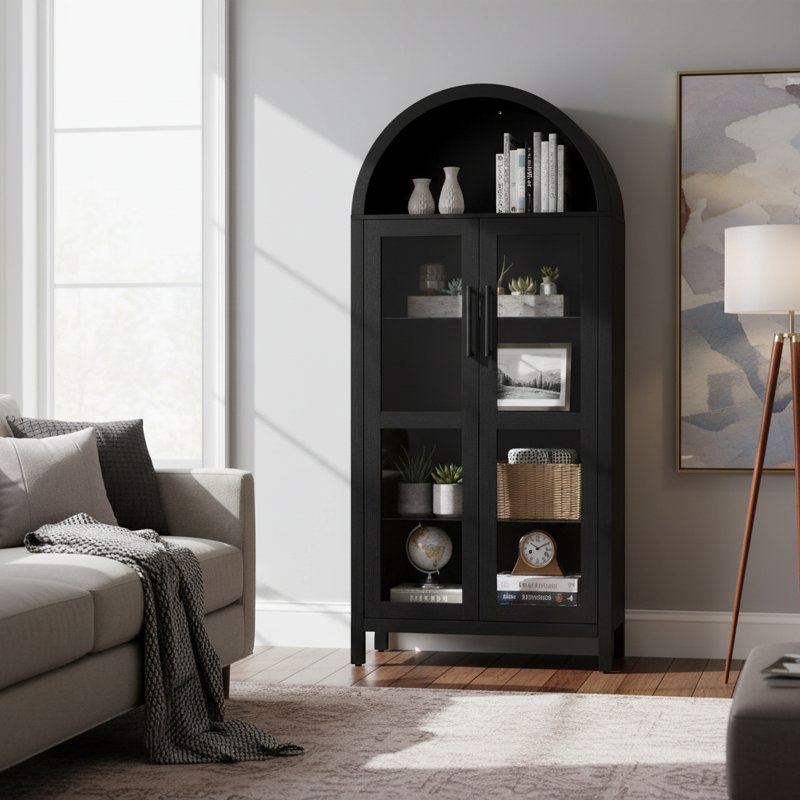 High-Arched Black Storage Cabinet With Integrated Lighting; Retro-Modern Style Wooden Cabinet Body; Adjustable Glass Shelves; Multi-Functional Kitchen Cabinet.