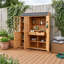 Abri de jardin extérieur avec trois portes, sept tablettes, deux tiroirs, six crochets et un poste de travail-132664369