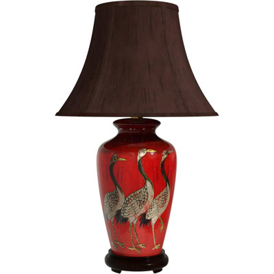 26" Oriental Table Lamp With Hand-Painted Red Cranes And Copper Bell Shade, UL Approved Wiring