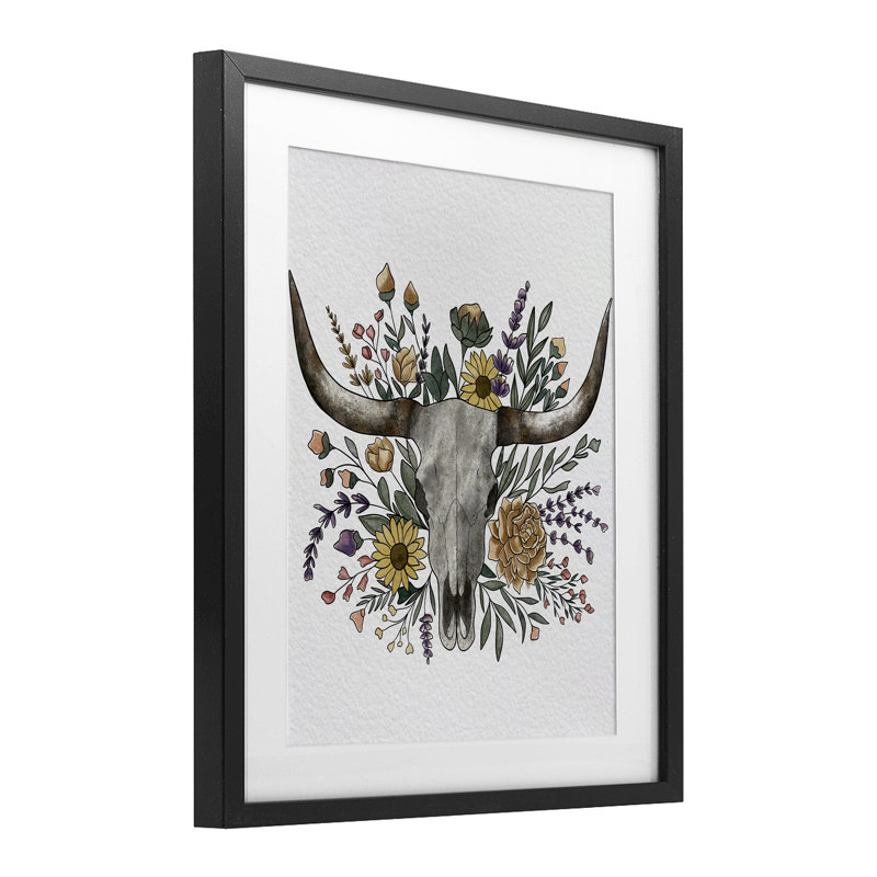 «Boho Wildflower Longhorn», reproduction sous verre encadrée, design par Alisha Kiara Design, Cadre noir minuit sous verre