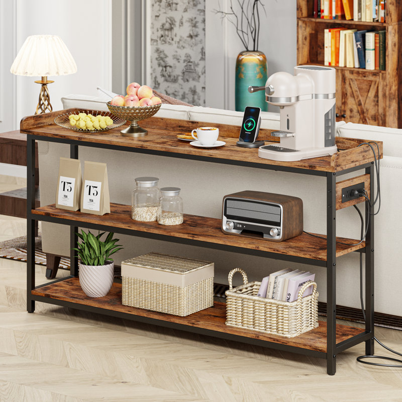 Console Table with Power Outlets, 33" H x 55" W x 13.8" D, Rustic Brown