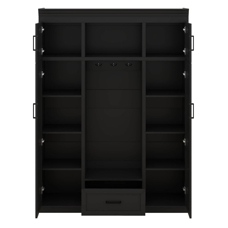Arbre d'entrée 85,5 po avec banc, armoire de rangement pour hall d'entrée avec 3 crochets, portemanteau avec 4 portes, 1 tiroir et tablettes réglables