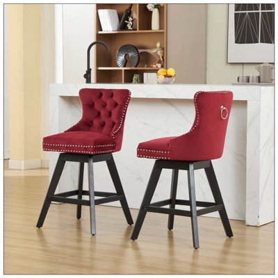 Swivel Velvet Barstool Set With Button Tufted Decoration, Wooden Legs And Chrome Nailhead Trim Ideal For Home Leisure Use