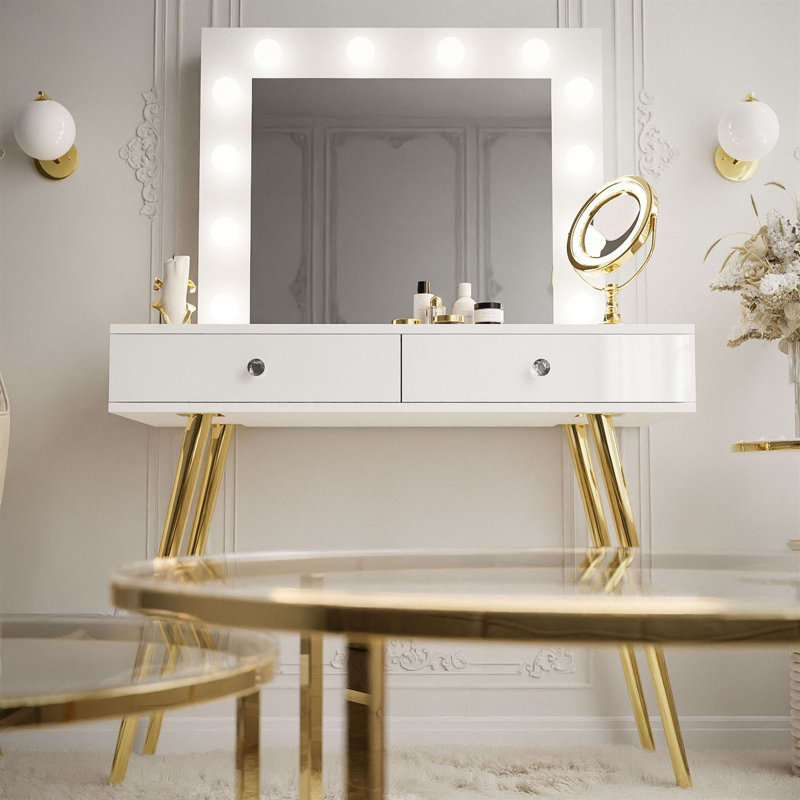 Huntingtown Dressing Table with Mirror, White/Gold