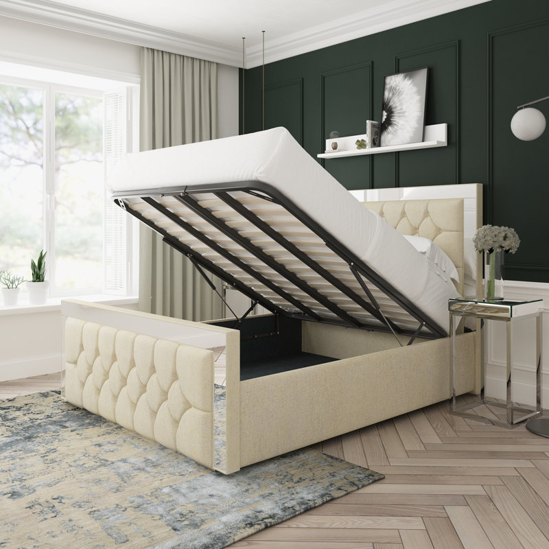 Sage Wool Upholstered Ottoman Bed Frame, Double (4'6), Cream