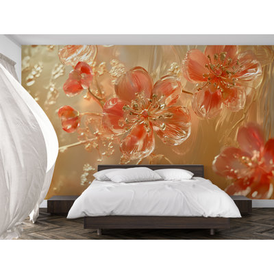 Elegant Cherry Blossom Glass Wallpaper, 3D Floral Luxury Mural For Bedrooms, Hallways, Or Feminine Interior Decoration (Peel-N-Stick) VN598