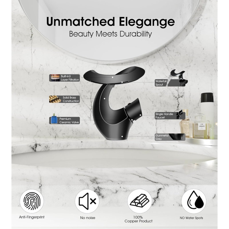 Alien Single-Hole Bathroom Sink Faucet, Waterfall Solid Brass Vanity Faucet with Single Handle, Pop-Up Drain & Deck Plate