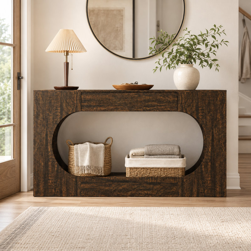Console en noyer avec tiroir de rangement, design ovale à structure ajourée, table d'appoint moderne de style champêtre, table d'entrée étroite pour salon, couloir ou hall d'entrée