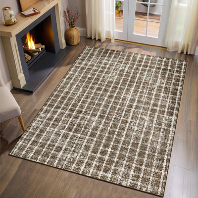 Machine Washable Rug Modern Plaid Rug Soft Area Rug Non Slip Soft Thin Rug Low Pile Foldable Rug for Living Room, Bedroom, Dining Room