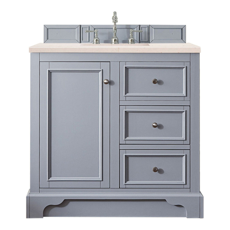 De Soto 36'' W Single Vanity, Bright White, Carrara White Marble, 8" Widespread