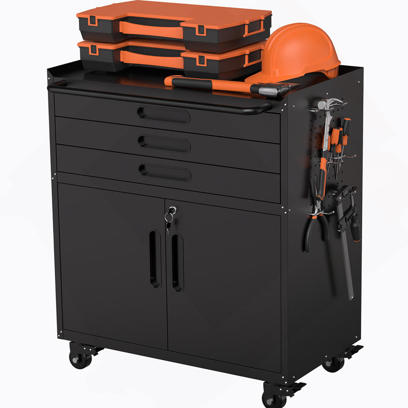 Armoire à outils roulante en métal - Rangement de garage robuste avec portes verrouillables et 3 tiroirs