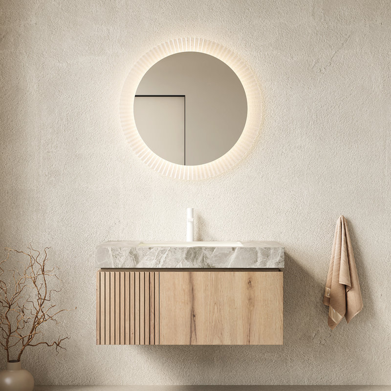Meuble-lavabo flottant de 36 po avec lavabo, comptoir en pierre frittée grise, chêne blanc, armoire en contreplaqué, tiroir et porte, facile à installer, rangement,