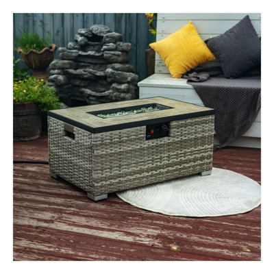 Beige Rattan Fire Pit Table with Tank Holder and Ceramic Tile Tabletop