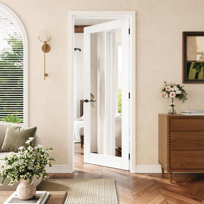 Porte pré-suspendue à 1 lumière 30 po x 80 po avec charnières noires, miroir latéral, porte intérieure comme porte de garde-manger, porte de chambre à coucher, porte de buanderie, portes de placard, portes de pièce, droite