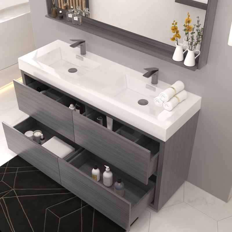 Ensemble de meuble-lavabo double 59 po Royka, Vulcain gris cendré