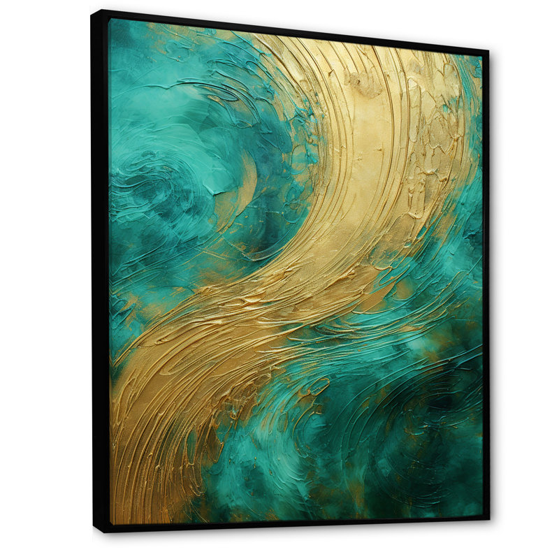 «Gold Teal Oceans Alchemy Spiral IV», reproduction d'art sur toile, H 20 po x l 12 po x P 1 po, Cadre flottant noir