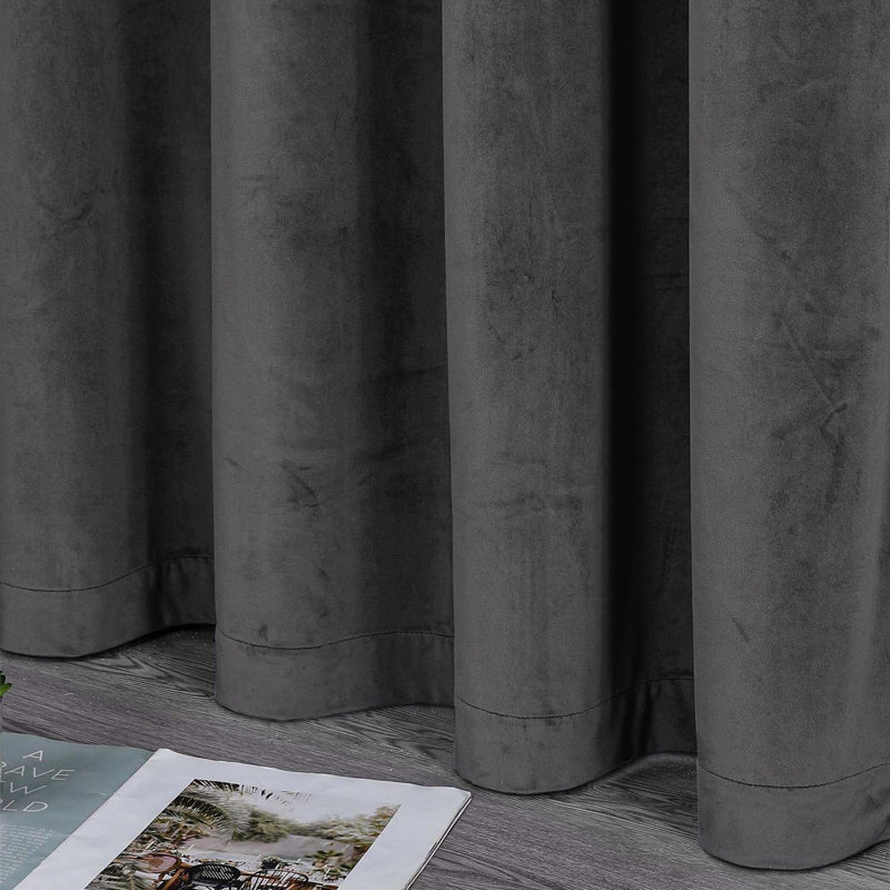 100% Velvet Blackout Curtains with Eyelets & Tie Backs, Charcoal, 168cm Width x 228cm Drop