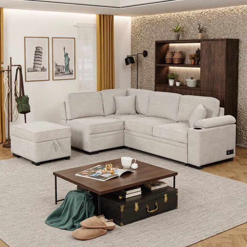 Canapé-lit Comfort Sleeper, canapé en L escamotable de 84,75 po avec repose-pieds pour rangement pour petits espaces, lin beige
