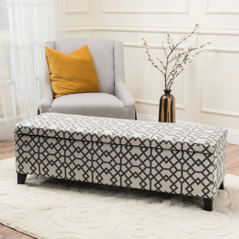Banc de rangement avec repose-pieds Flash, tissu gris clair à imprimé géométrique 51 po