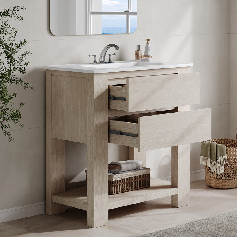 Meuble-lavabo autoportant Pura 30 po en bois avec lavabo, 2 tiroirs et tablette de rangement ouverte, chêne blanc
