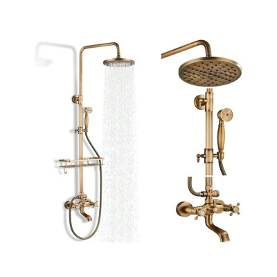 Système de douche mural apparent en laiton antique, robinet mitigeur de douche/baignoire vintage à double poignée en croix avec pommeau de douche effet pluie en laiton de 20 cm, douchette à main et tablette de douche.