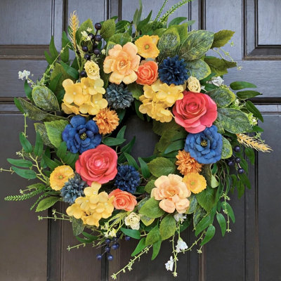 Summer Front Door Wreath With Roses And Hydrangeas – Outdoor Floral Door Decor