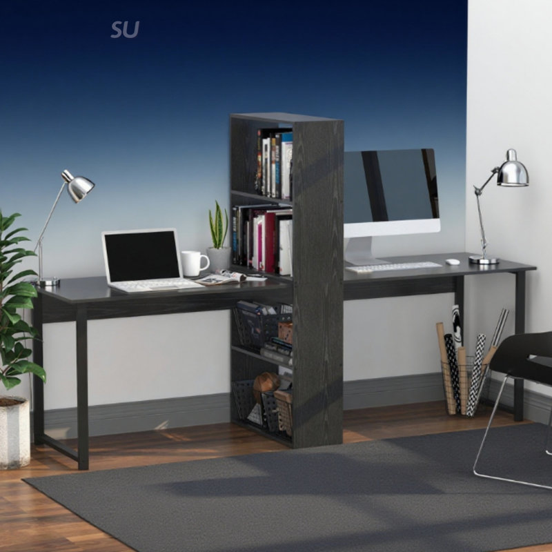 Long bureau d'ordinateur avec tablettes de rangement, double poste de travail pour le bureau à domicile et le bureau, idéal pour les espaces partagés et l'organisation