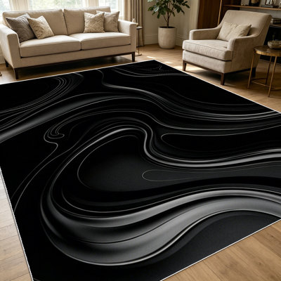 1PC Black Abstract Fluid Swirl Marble Pattern area rugs for Living Room, Soft and Comfortable, Suitable for all seasons, easy-to-maintain, machine washable Indoor floor mat, Under Table Farmhouse suitable for Dining Table, Bedroom, Entryway, Kitchen,
