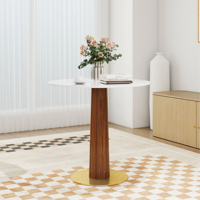 Table de salle à manger moderne pour 2 personnes avec piédestal rond en bois et base dorée pour petits espaces, Blanc