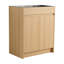 Meuble-lavabo autoportant de 28 po avec lavabo en acier inoxydable gris, tuyau de vidange flexible, charnières à fermeture en douceur, buanderie et meuble-lavabo à 45 poignées à bord incliné, tablettes réglables, 2 portes fermées, finition chêne