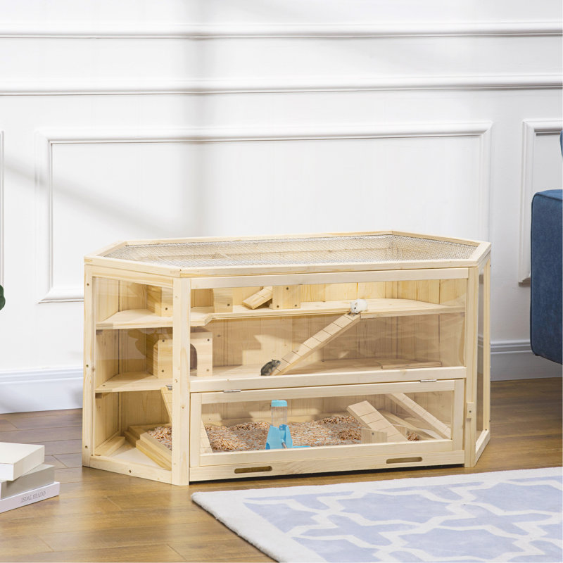 Maison de jeu en bois avec hamster et cage à 3 niveaux avec plateau, scies à bascule, bouteille d'eau, centre d'activités, naturel