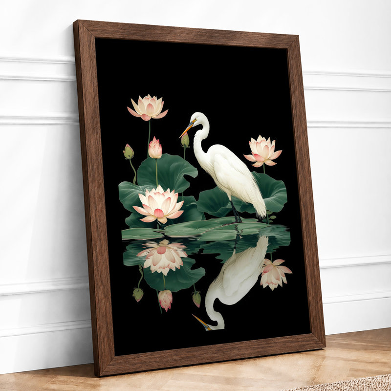 Egret Among Lotus Japandi - Framed Print, A2 - 59.4 x 42.0 cm, Walnut