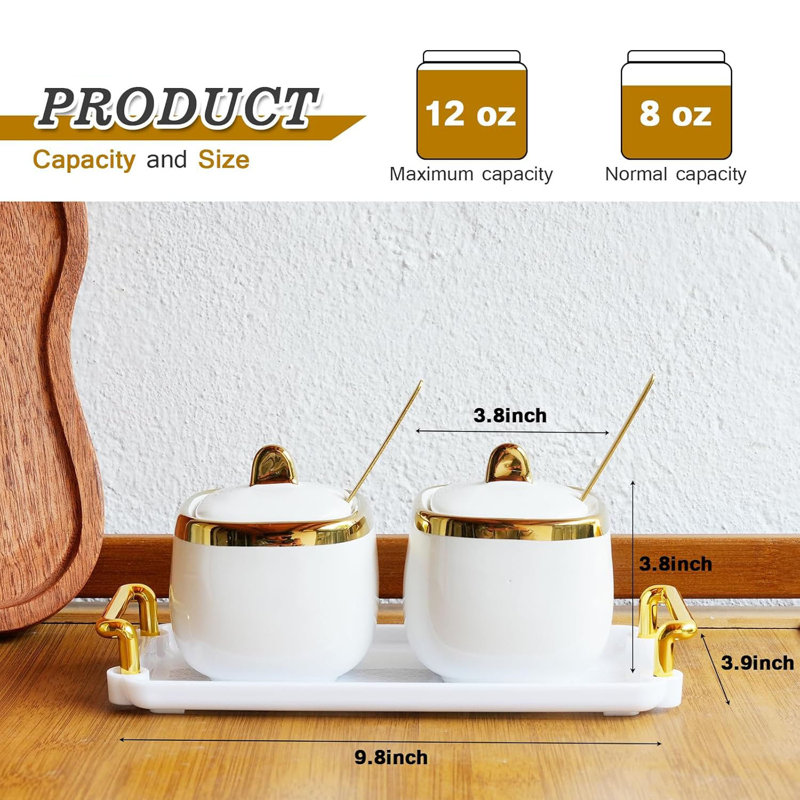 Ensemble de 2 pots à épices en porcelaine à garniture dorée avec cuillère à couvercle et plateau de rangement